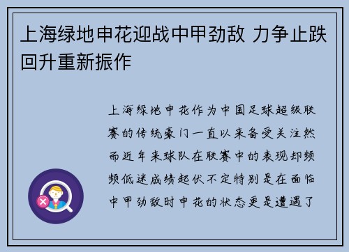 上海绿地申花迎战中甲劲敌 力争止跌回升重新振作