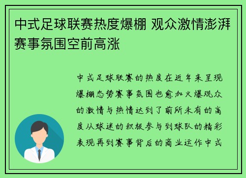 中式足球联赛热度爆棚 观众激情澎湃赛事氛围空前高涨