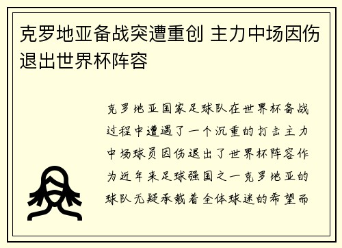 克罗地亚备战突遭重创 主力中场因伤退出世界杯阵容