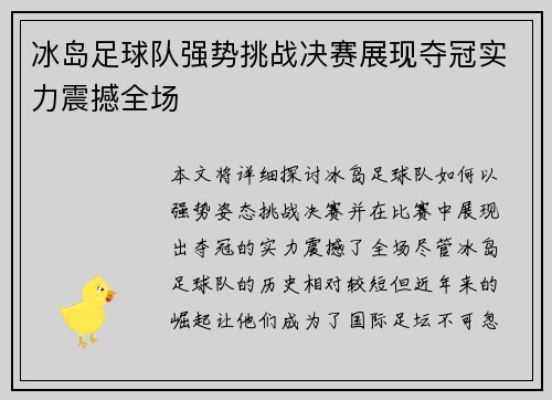 冰岛足球队强势挑战决赛展现夺冠实力震撼全场