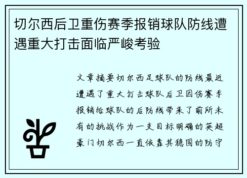 切尔西后卫重伤赛季报销球队防线遭遇重大打击面临严峻考验