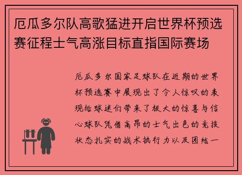 厄瓜多尔队高歌猛进开启世界杯预选赛征程士气高涨目标直指国际赛场