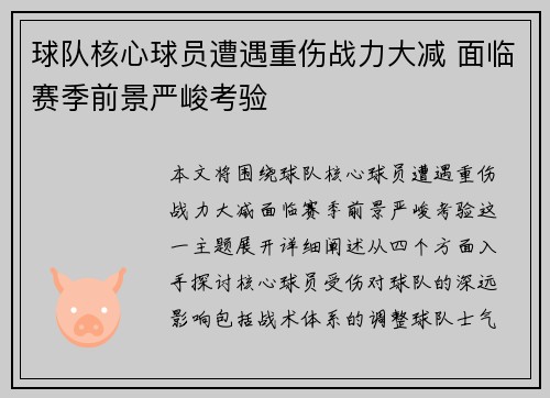 球队核心球员遭遇重伤战力大减 面临赛季前景严峻考验